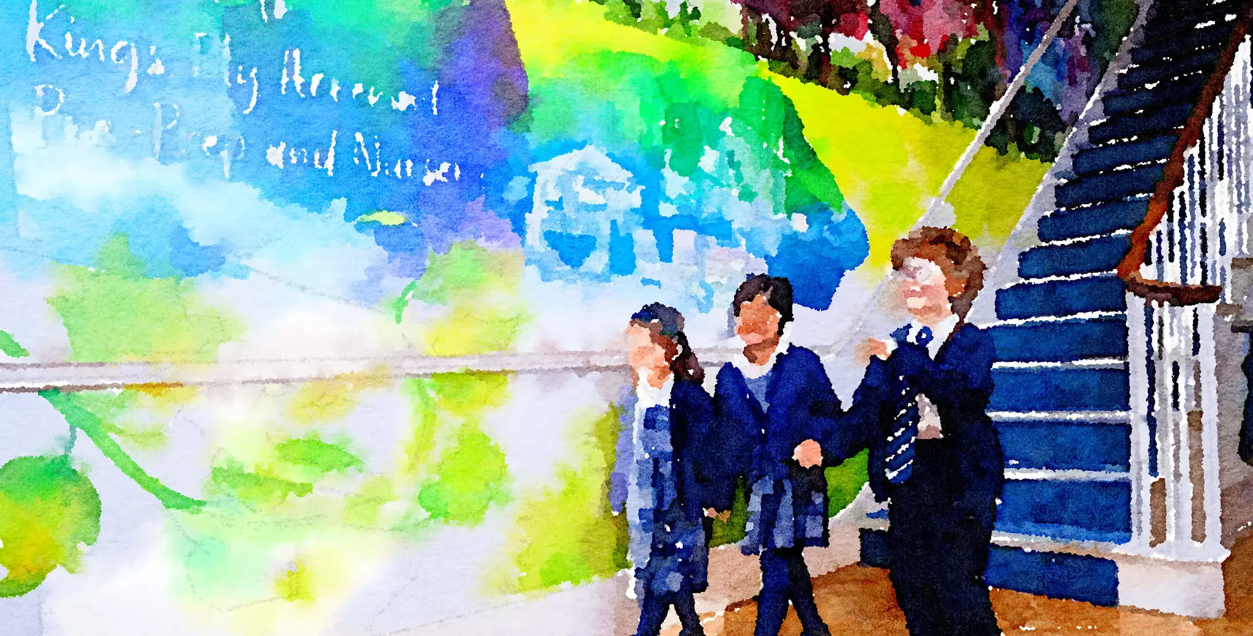 Watercolor of three King’s Ely Pre-Prep students walking together in the Acremont entrance hall