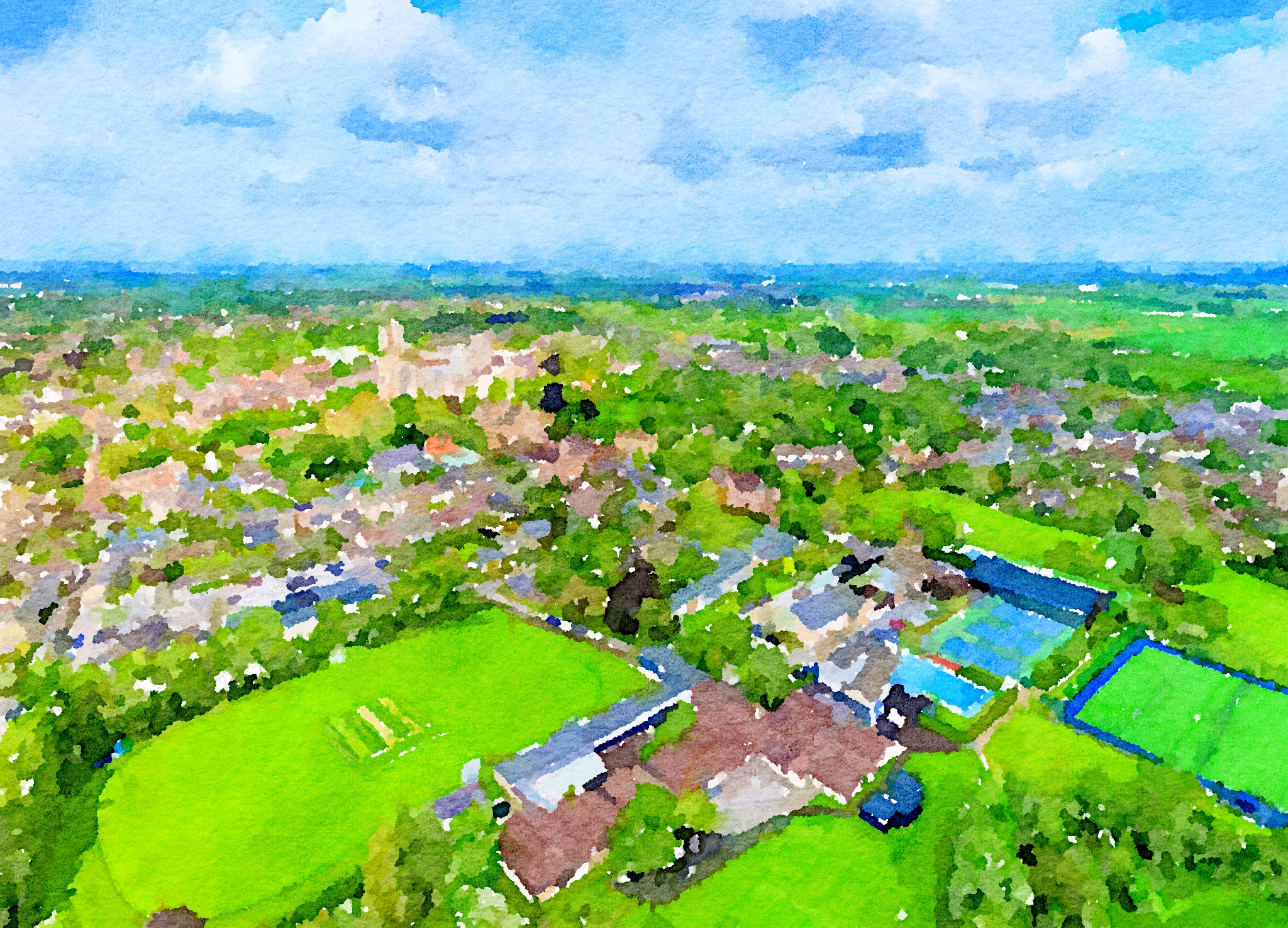 Watercolor of King's Ely School campus, located in the center of Ely, Cambridgeshire 