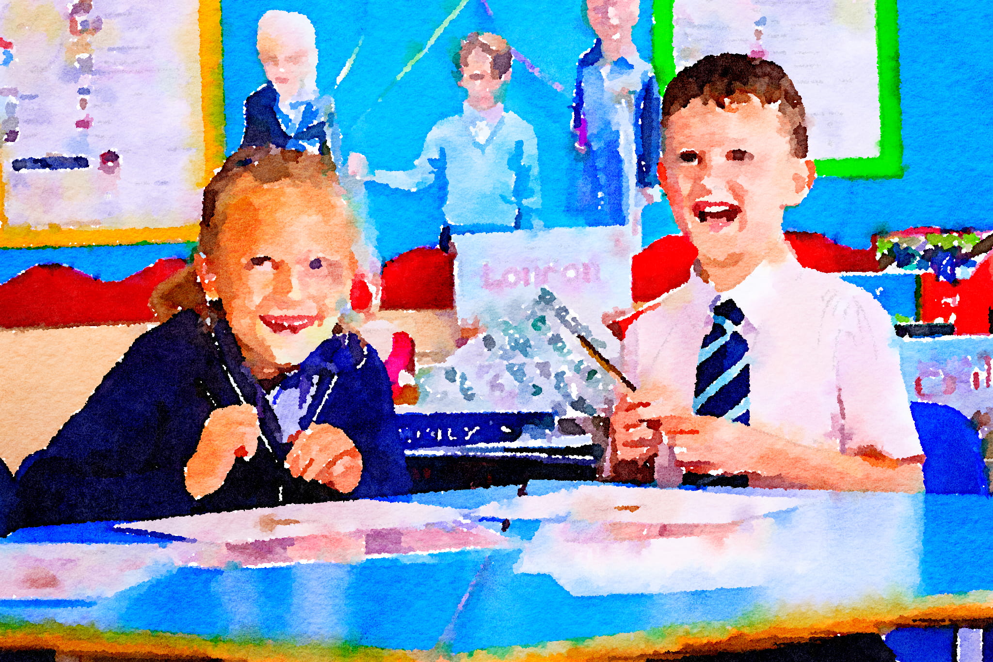Watercolor of King's Ely Pre-Prep students in the classroom laughing 
