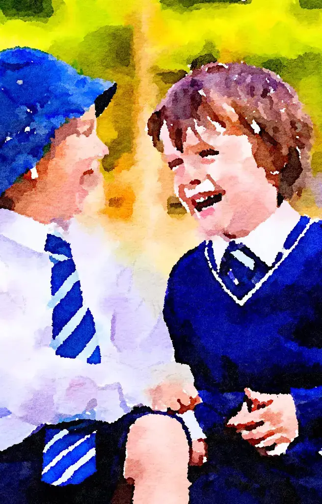 Watercolor of King's Ely Pre-Prep Students laughing together 