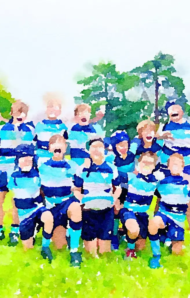 Watercolor of King's Ely Prep, a private school based in Cambridgeshire, playing Rugby