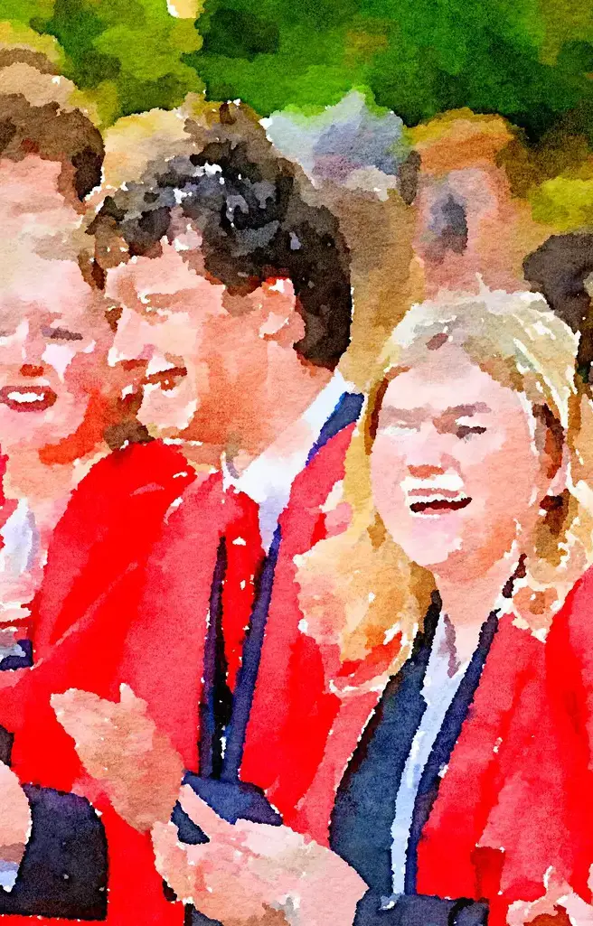 Watercolor of King's Ely Scholars outside Ely Cathedral 