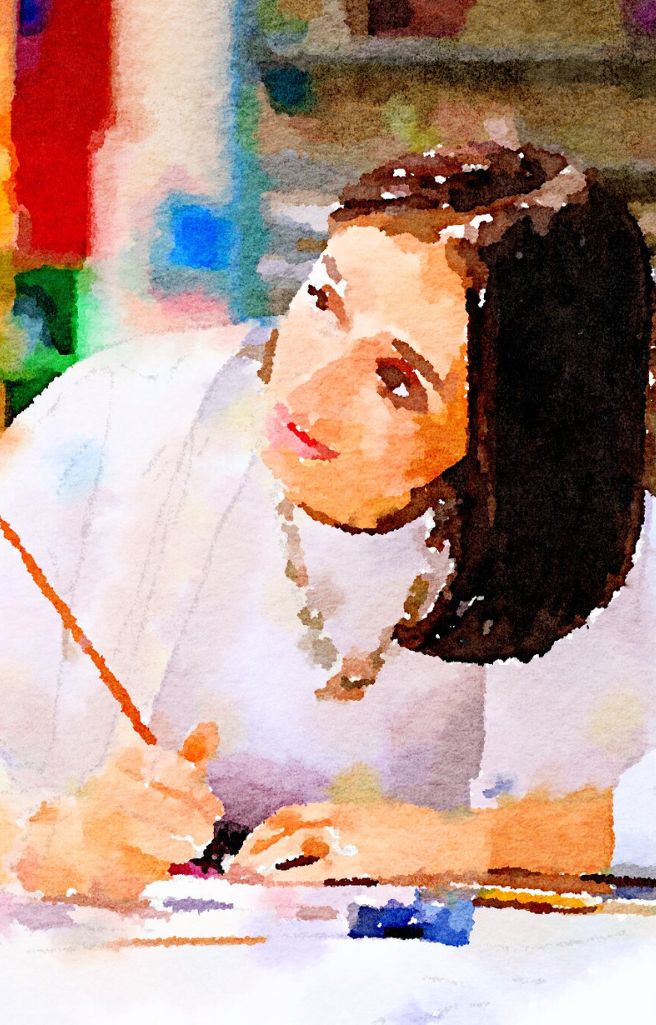 Watercolor of King's Ely Sixth Form student doing art