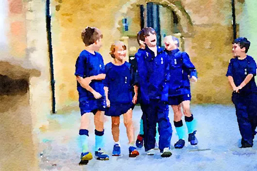 Watercolor of King’s Ely Prep boarding students outside Ely Cathedral 