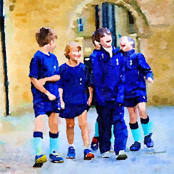 Watercolor of King’s Ely Prep boarding students outside Ely Cathedral 