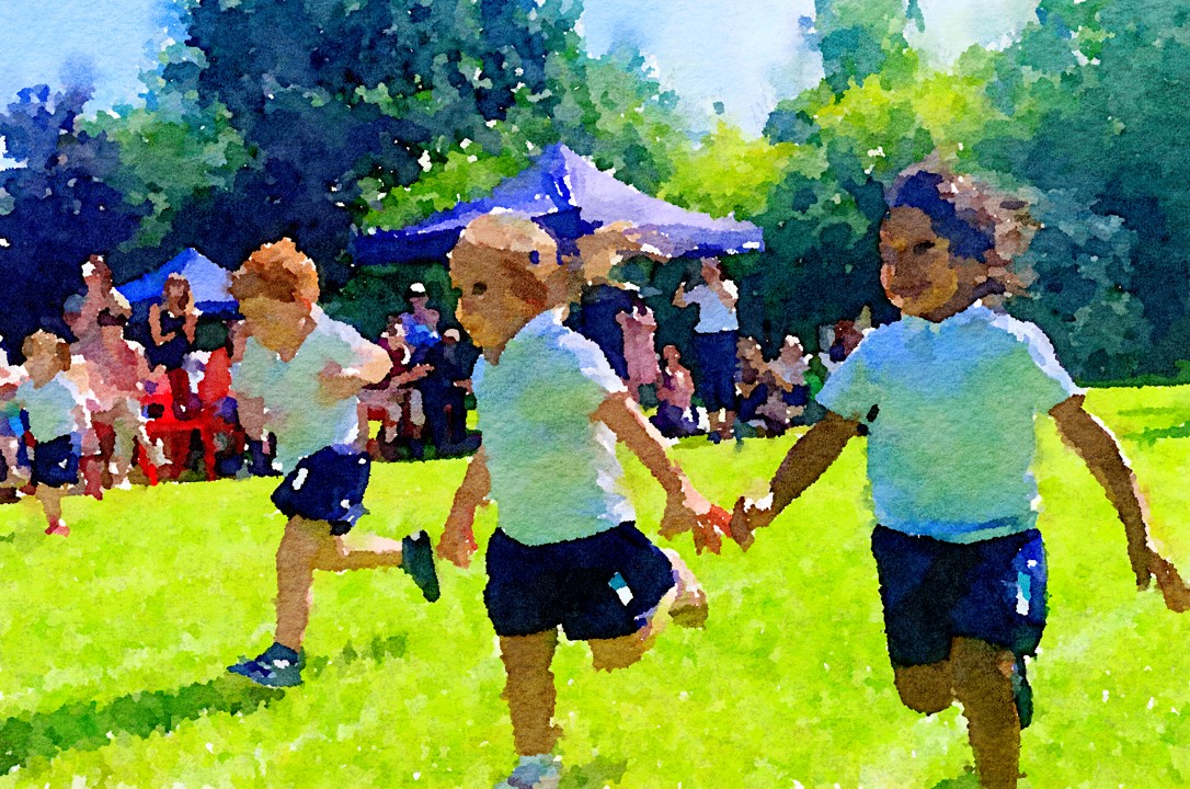 Watercolor of King's Ely Nursery Sports Day at King's Ely Acremont gardens 