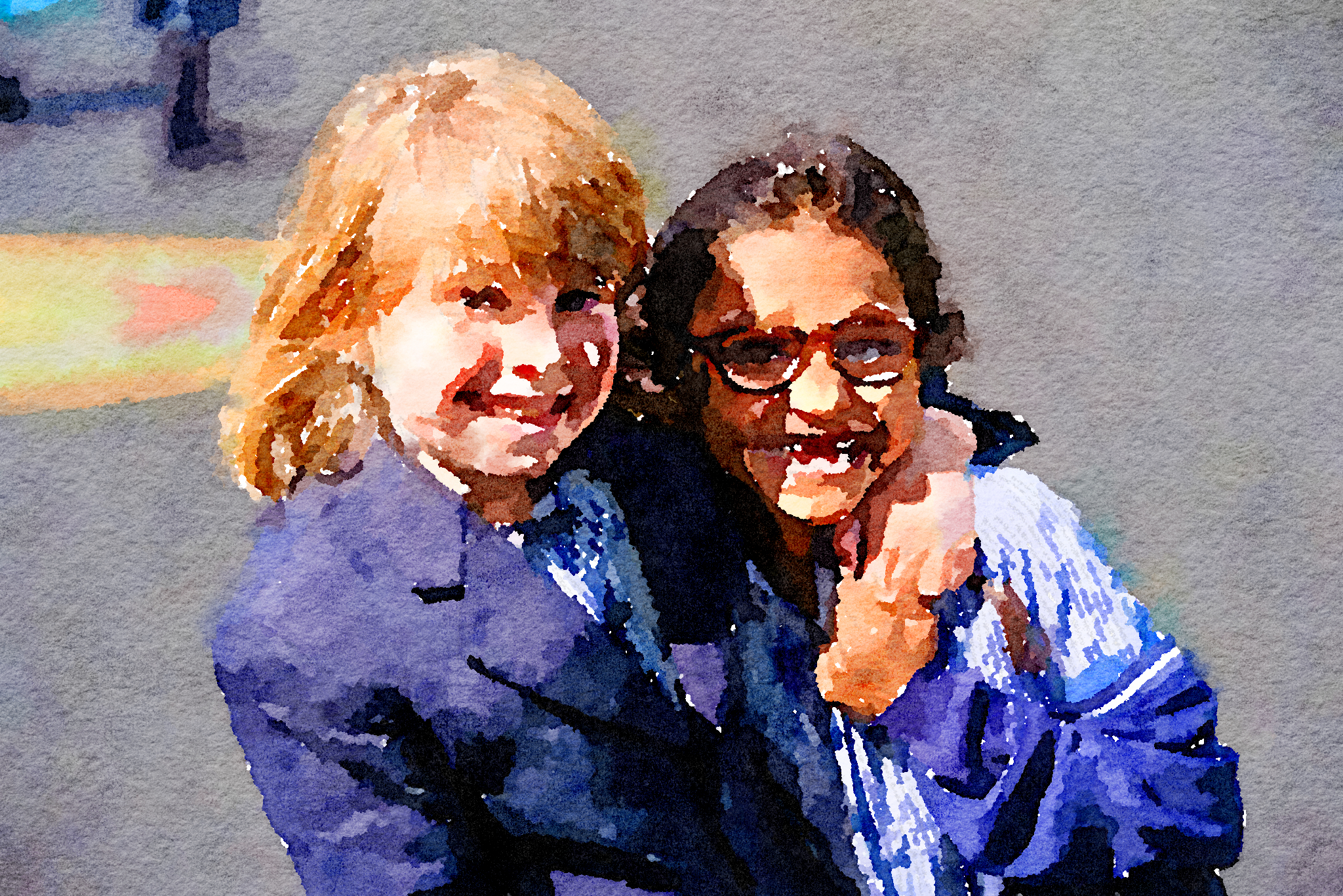 Watercolor of two King's Ely Pre-Prep students hugging each other in the playground 