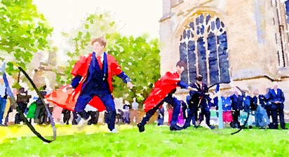 Students at King's Ely, a private day and boarding school in Cambridgeshire, doing the Hoop Trundle outside Ely Cathedral 