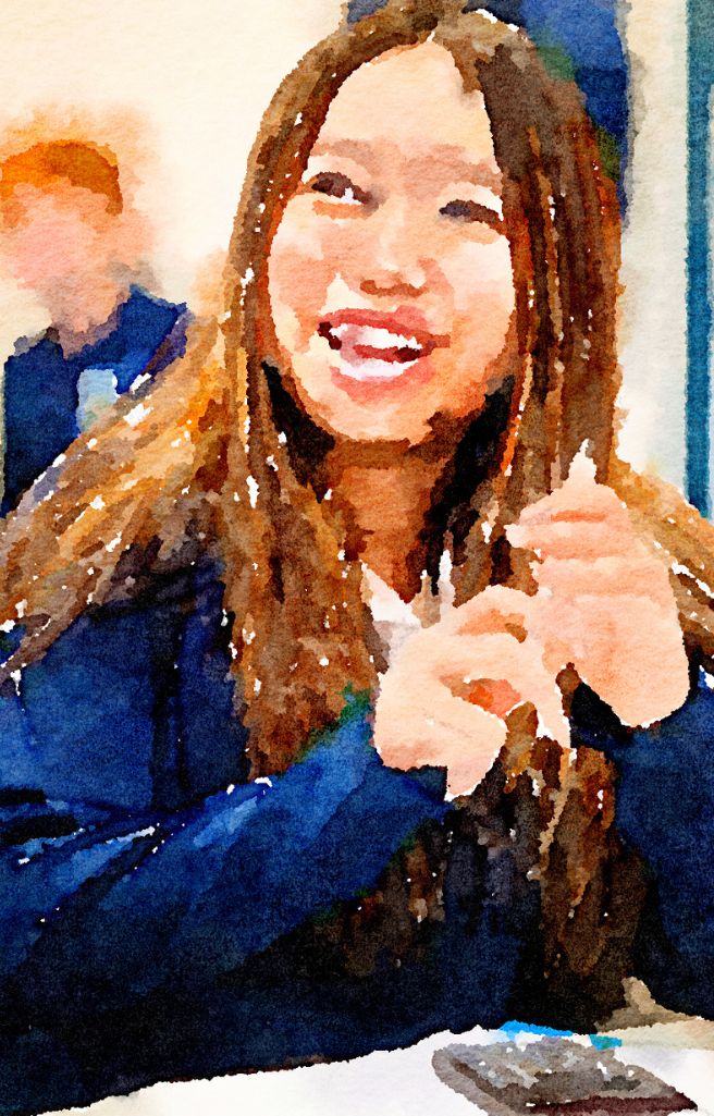Watercolor of King's Ely International student laughing in classroom. King's Ely is a private boarding school in Cambridgeshire. 