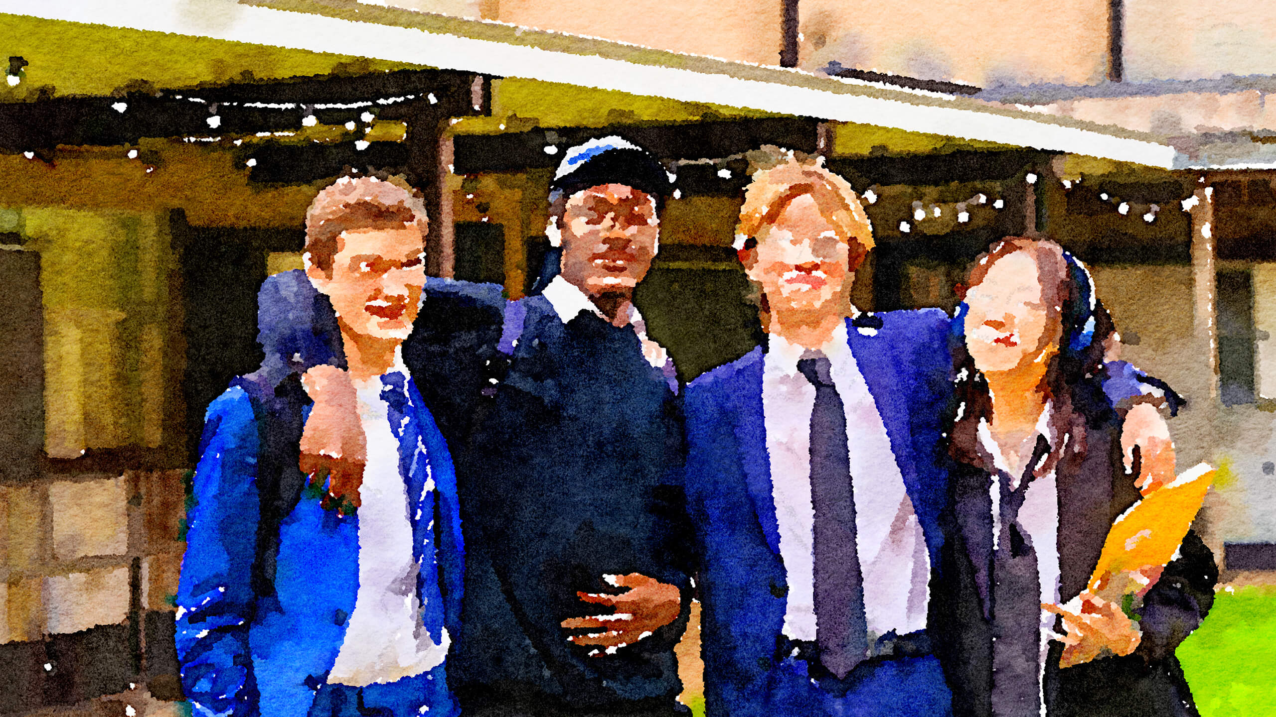 Watercolor of King's Ely International students standing together outside King's Ely Sixth Form