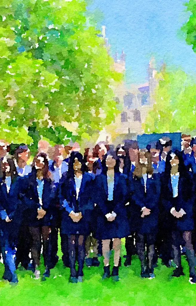 Watercolor of King's Ely International boarding students outside King's Ely Sixth Form 