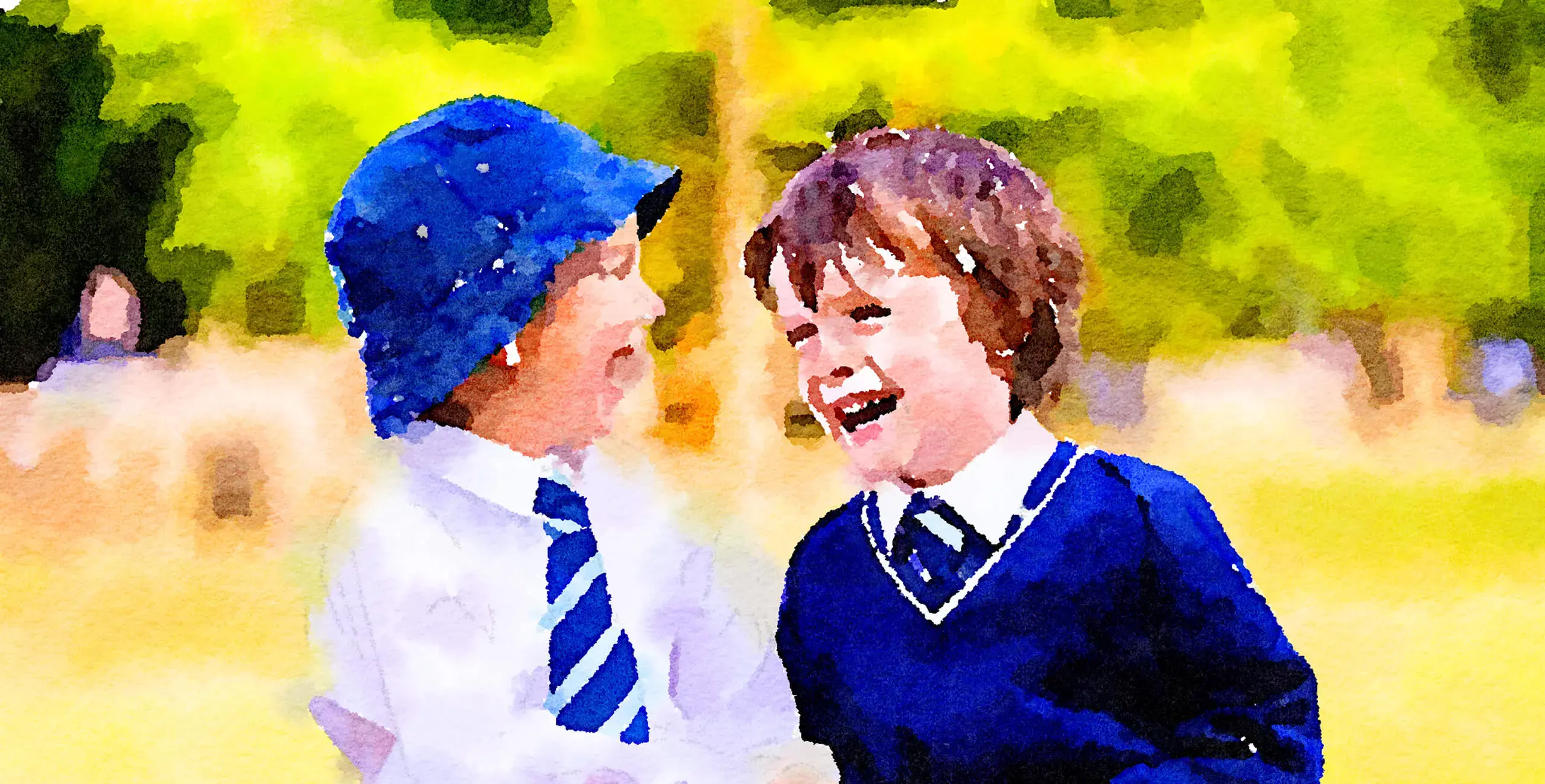 Watercolour image of King’s Ely Pre-Prep students playing in Acremont gardens, a co-educational private school in Cambridgeshire 