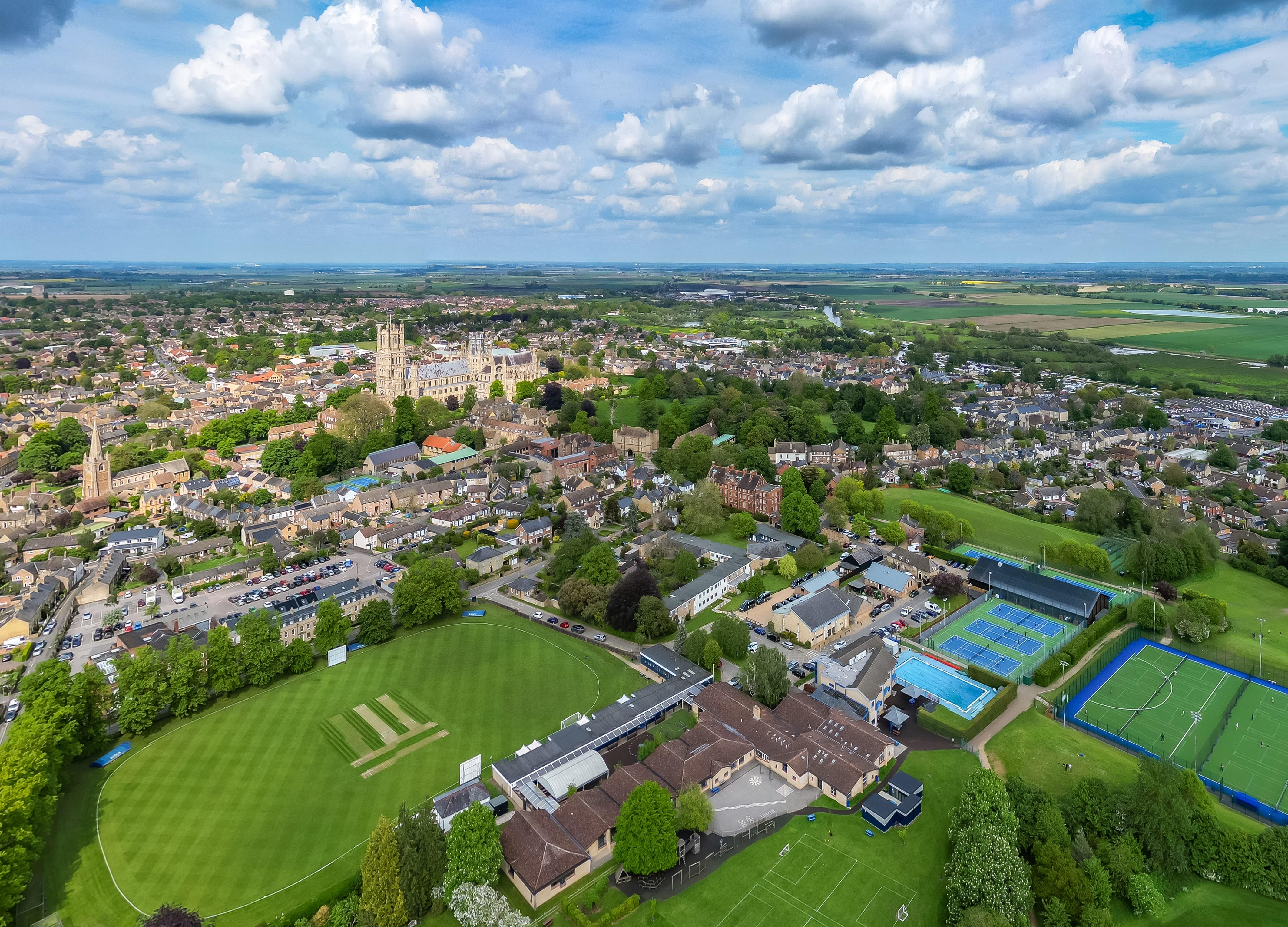 Aerial photo of the King's Ely School Campus, a Private Day and Boarding School near Cambridge, in Ely.