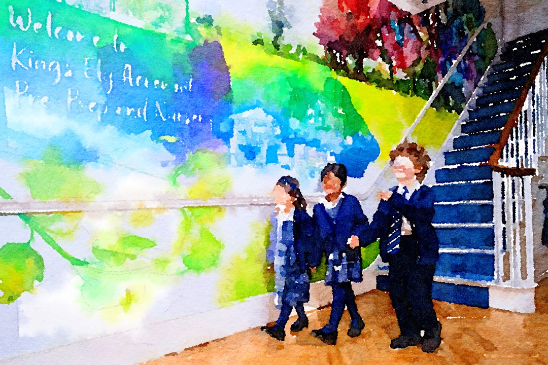 Watercolor of Three children in Reception area of King's Ely Pre-Prep. A private nursery and Pre-Prep in Cambridgeshire