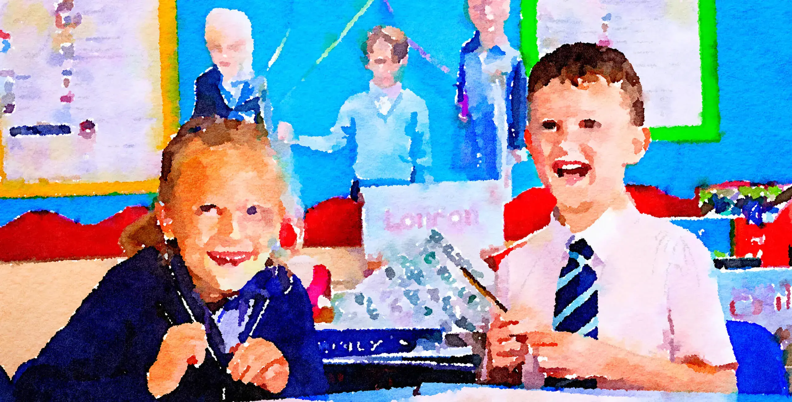 Watercolor of two King’s Ely Pre-Prep students sitting at a desk, smiling and looking to camera.