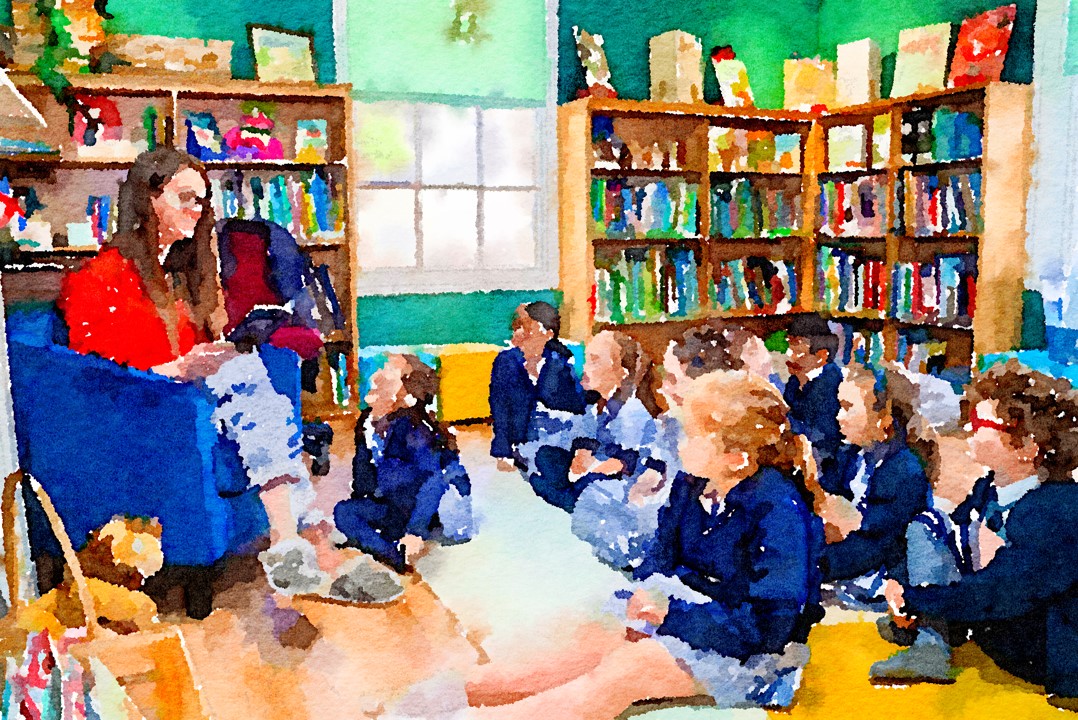 Watercolor of King's Ely Pre-Prep students in the Acremont Library listening to a story 