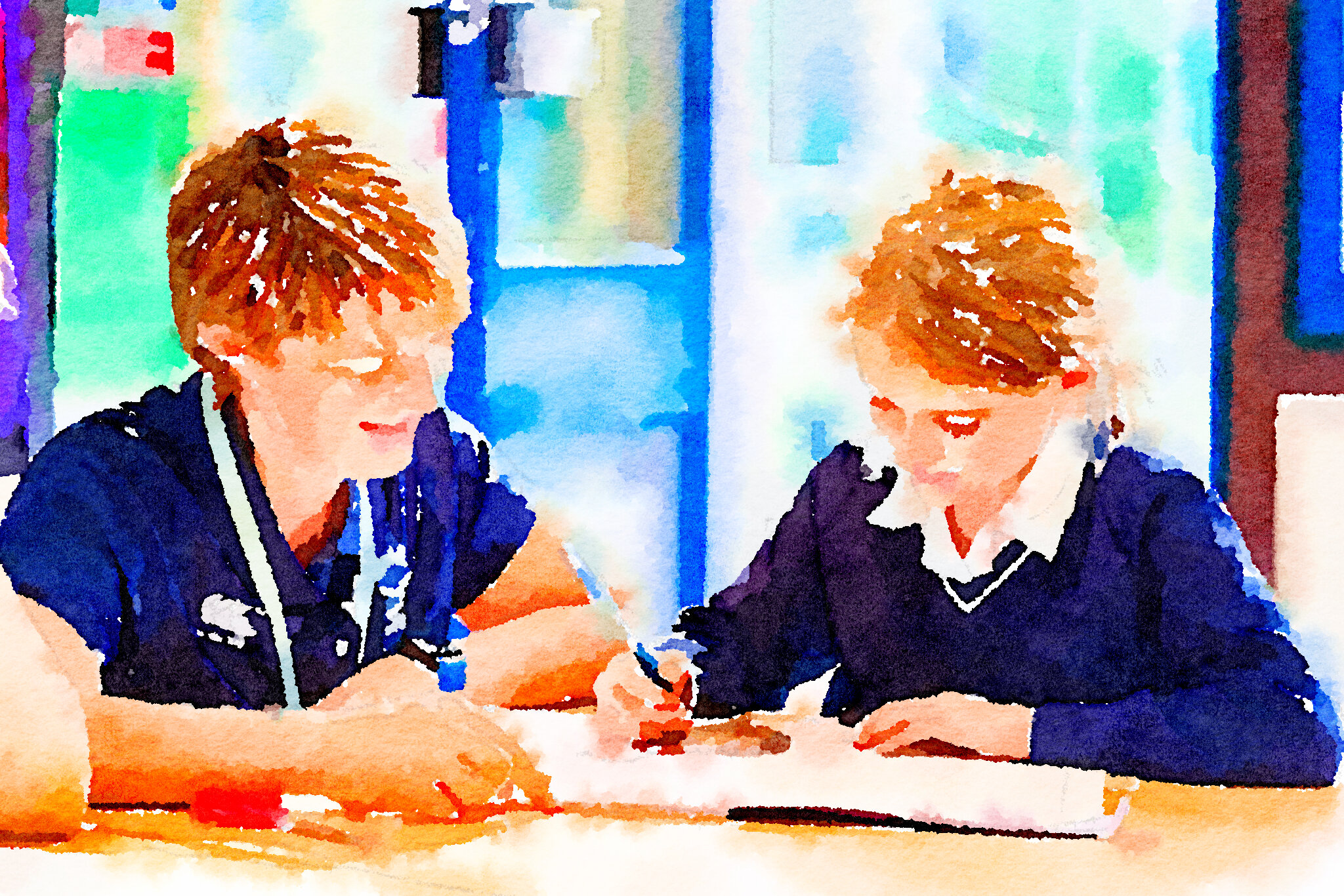 Watercolor of King's Ely Prep teacher helping Prep  student in classroom  