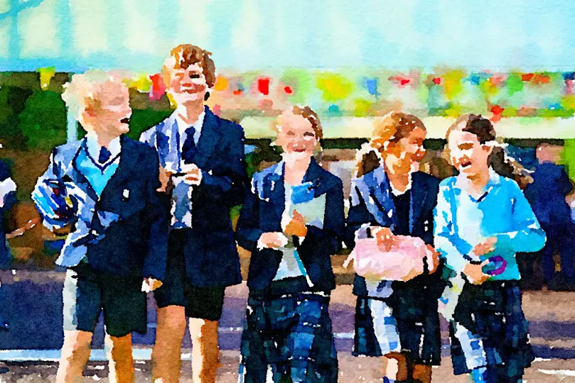 Watercolor of King's Ely Prep students walking outside and laughing together 