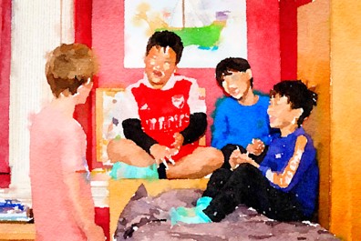 Watercolor of boarding students at King's Ely Prep, a private school in Cambridgeshire