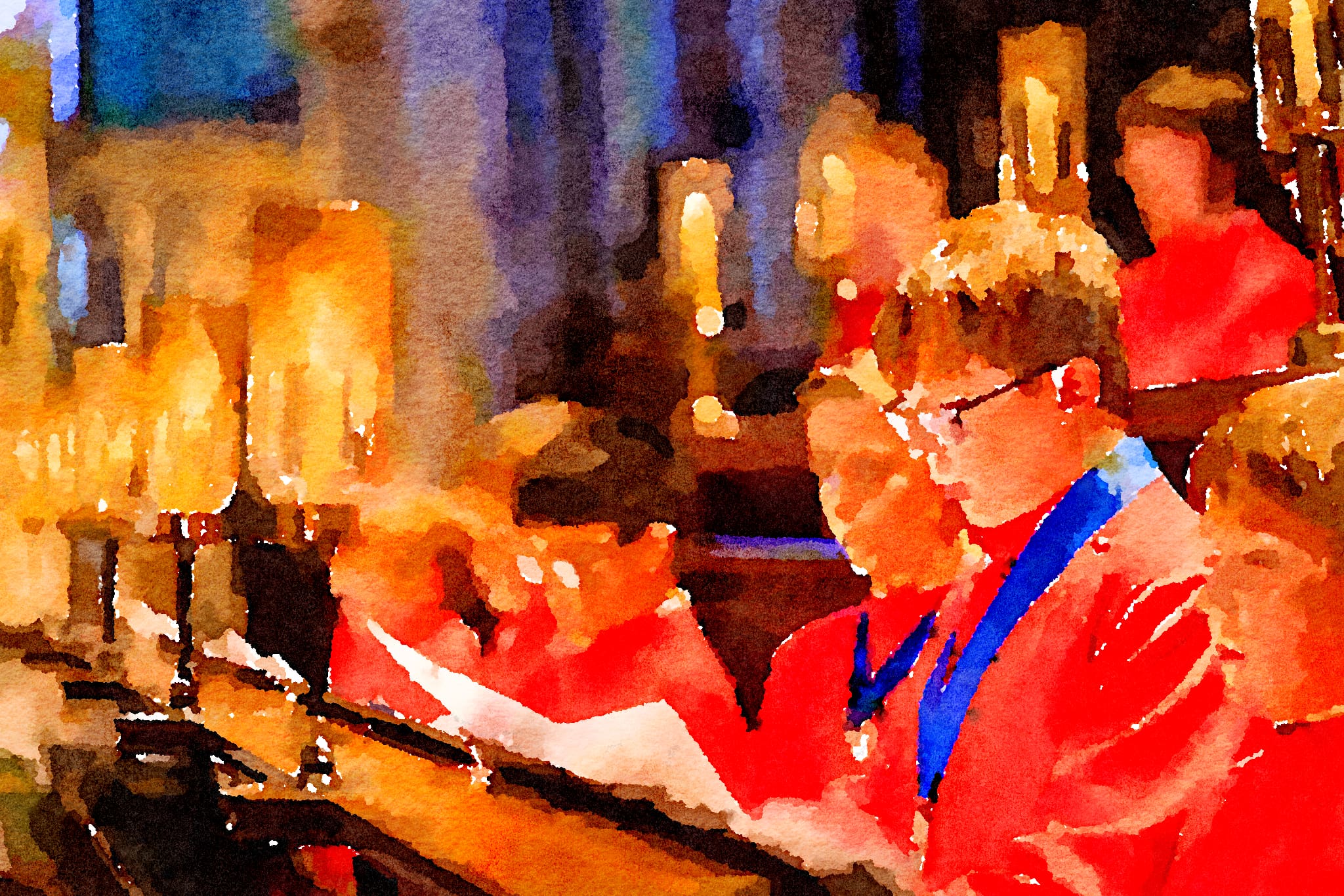 Watercolor of King's Ely Choristers singing in Ely Cathedral 