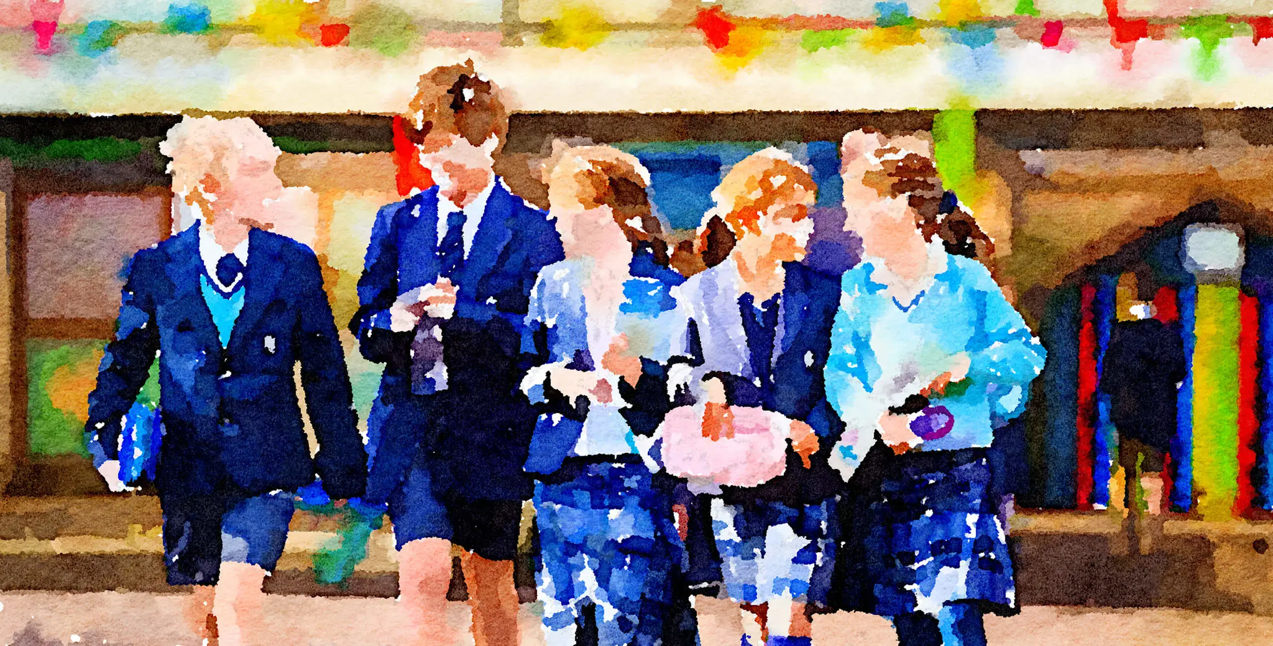 Watercolor of King’s Ely Prep children walking together outside.