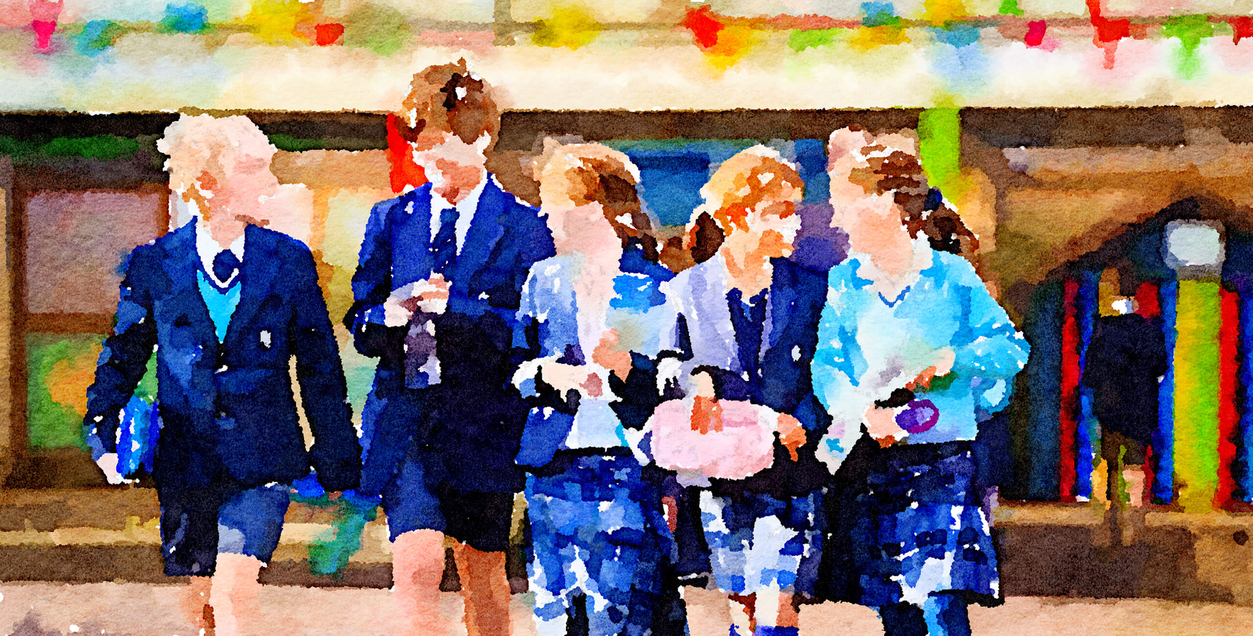 Watercolor of King's Ely Prep students walking outside and laughing together 