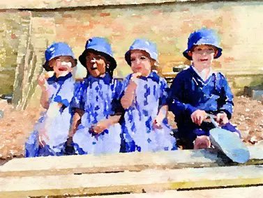 Watercolor of King's Ely Nursery students sitting together in the nursery playground