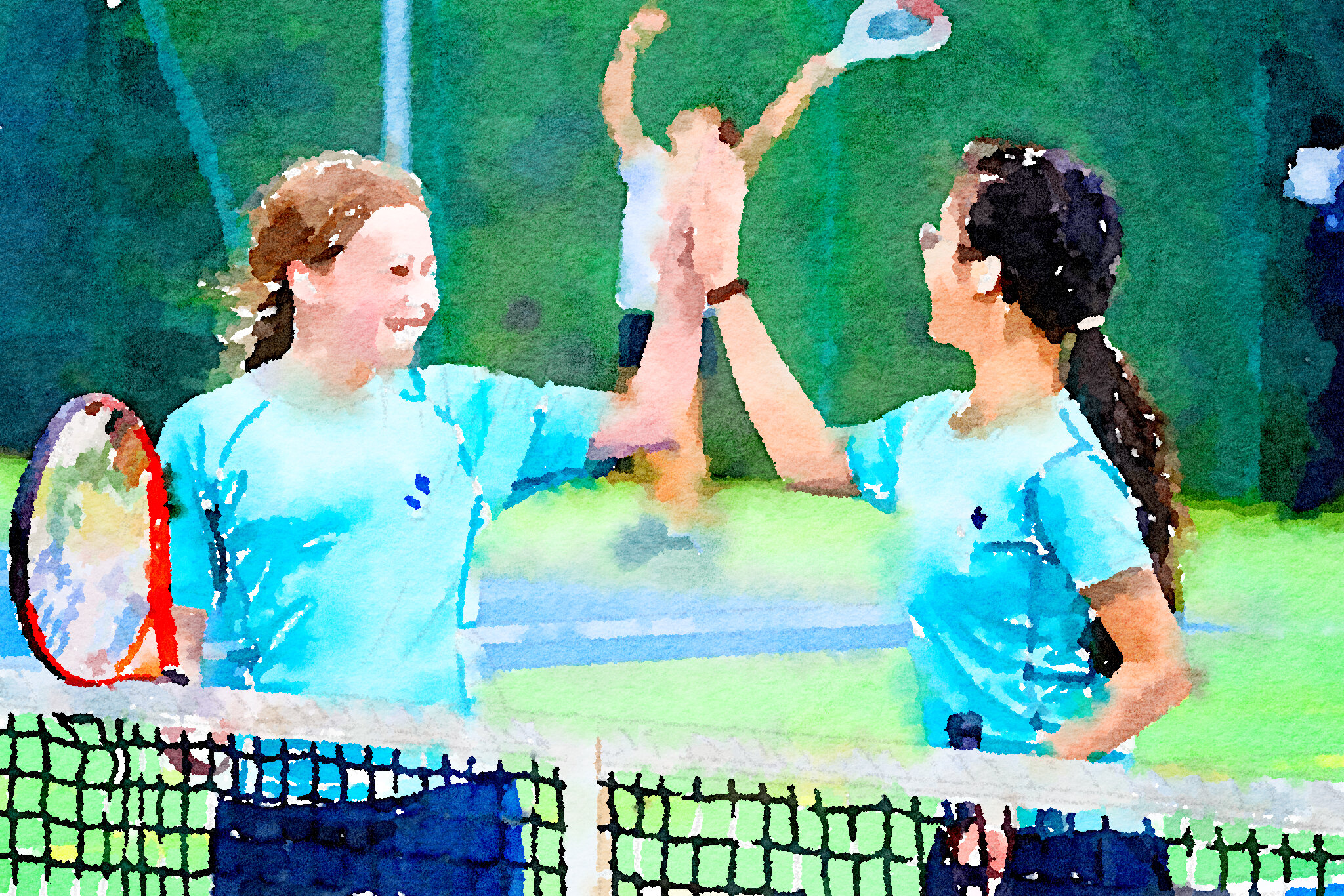 Watercolor of King's Ely Prep students celebrating a win whilst playing Tennis 