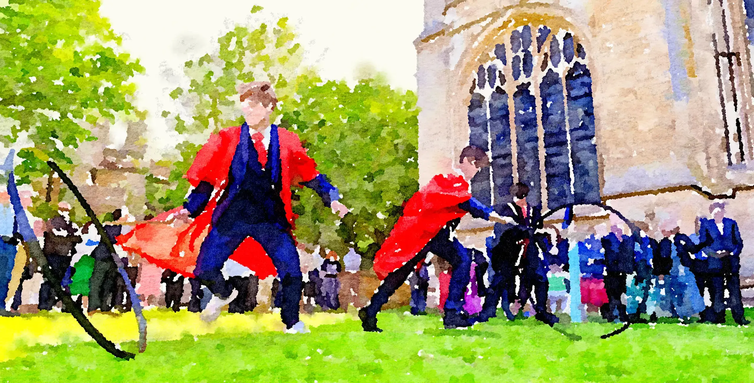 Watercolor of King’s Ely Senior students hoop trundle outside Ely Cathedral 