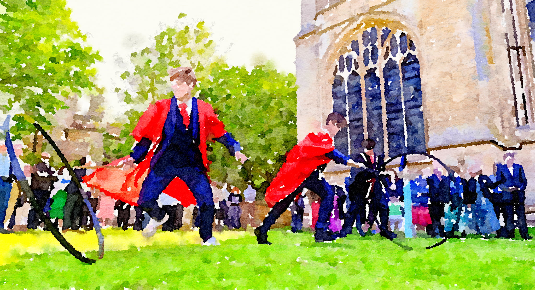 Watercolor of King's Ely Sixth Form students doing the Hoop Trundle outside Ely Cathedral 