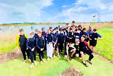 Watercolor of King's Ely boarding students visiting Cambridge Aqua Park. King's Ely is a boarding school in Cambridgeshire. 