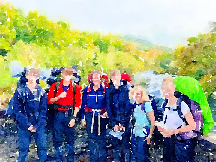 Watercolor of King's Ely Senior students taking part in King's Ely Scheme expedition 