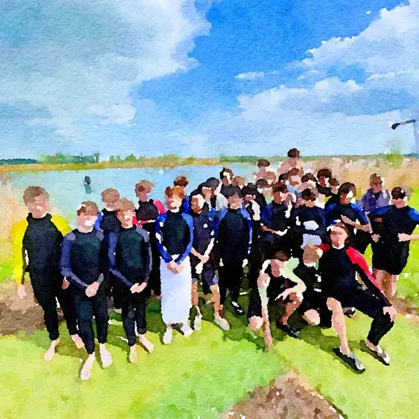 Watercolor of King’s Ely Senior boarding students at Cambridge Water Park 