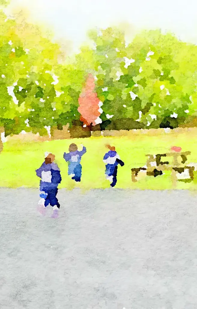 Watercolor of King's Ely Pre-Prep students running in the Acremont garden. King's Ely is a private school in Cambridgeshire. 