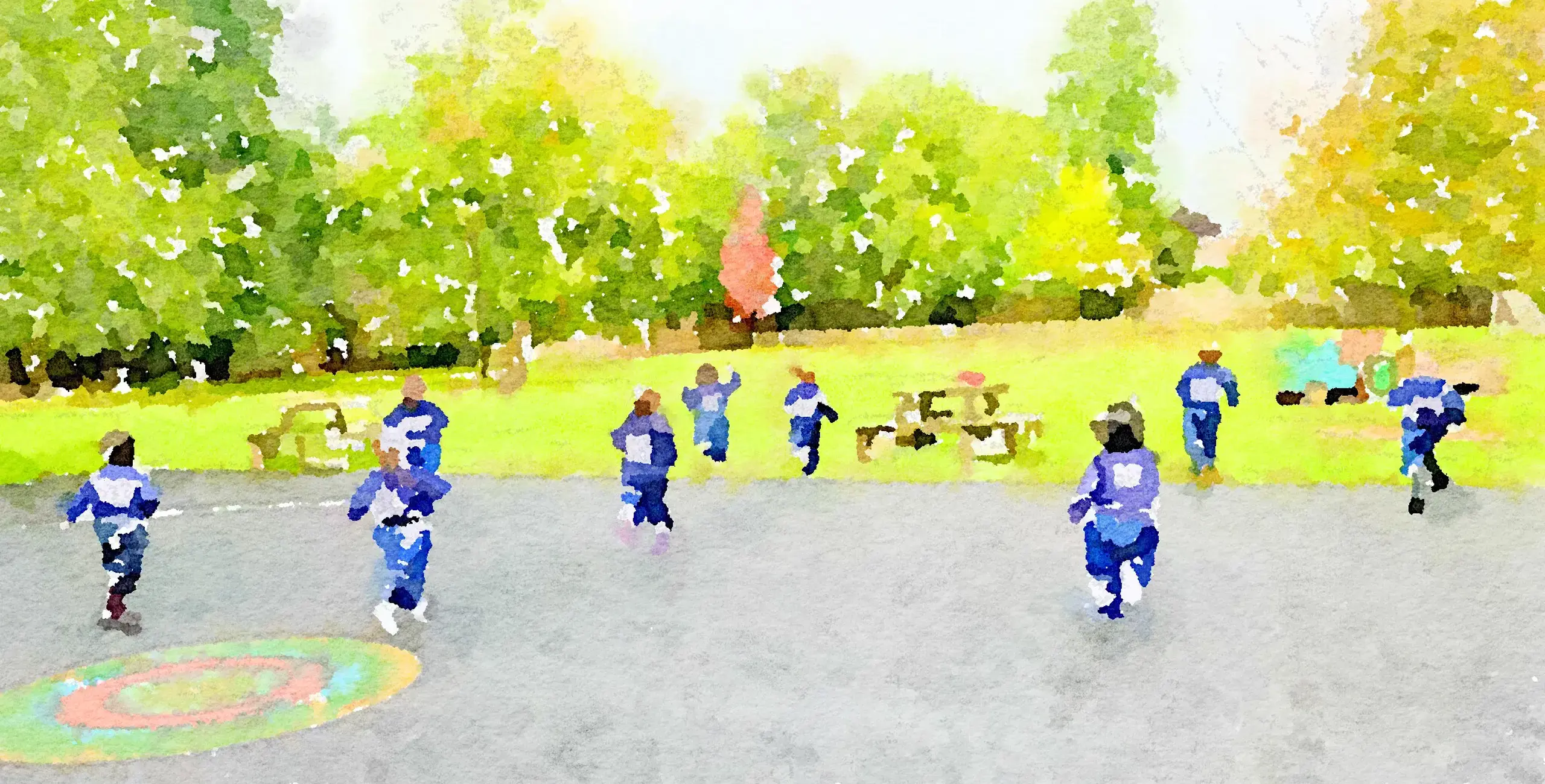 Watercolor of King’s Ely Pre-Prep students running in Acremont gardens