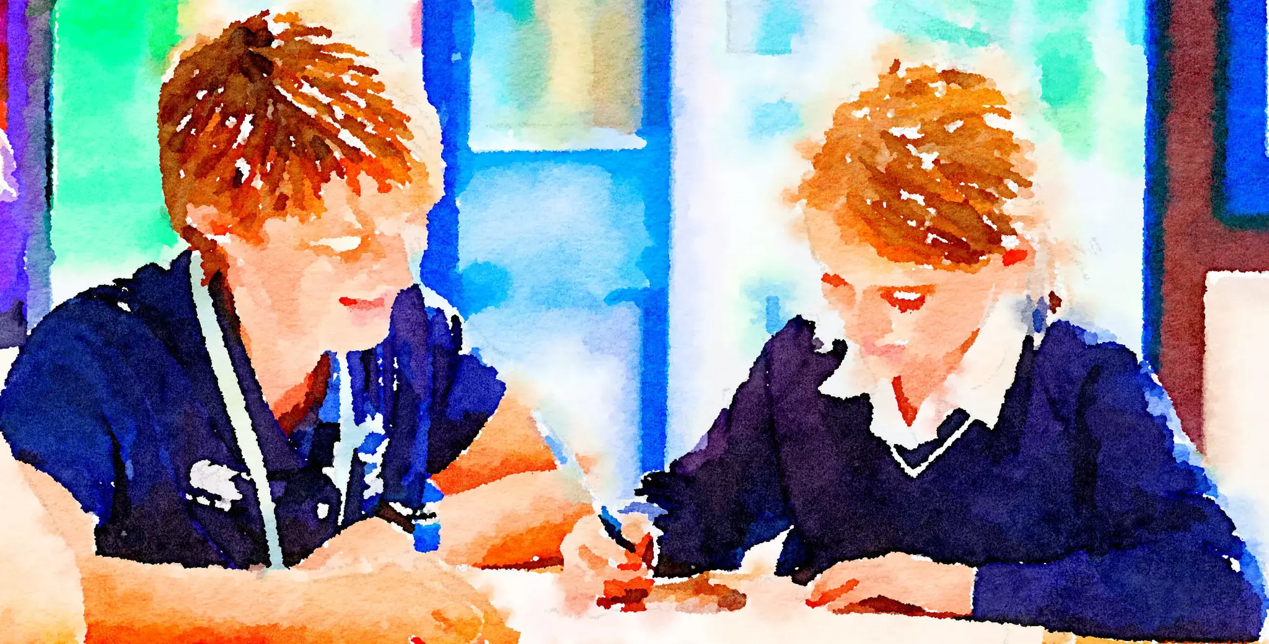 Watercolor of King’s Ely Prep teacher helping a student with their work.