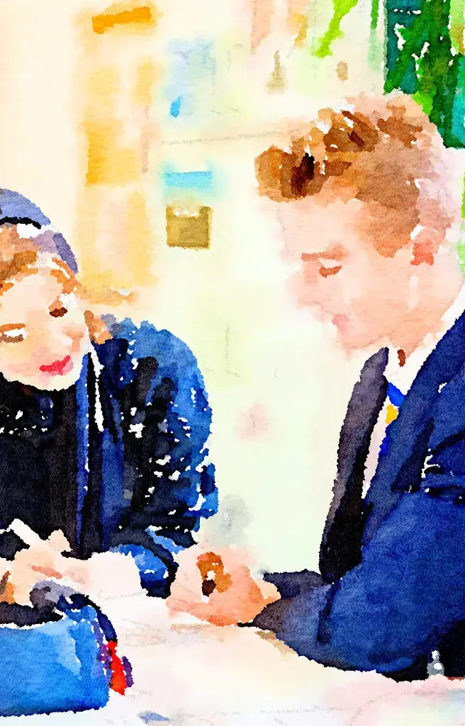 Watercolor of King's Ely Senior Student with teacher at King's Ely Cambridgeshire 