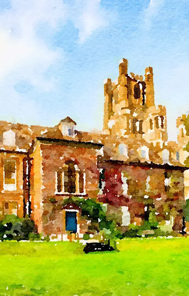 Watercolor of The Old Palace at King's Ely Sixth Form a private school in Cambridgeshire 