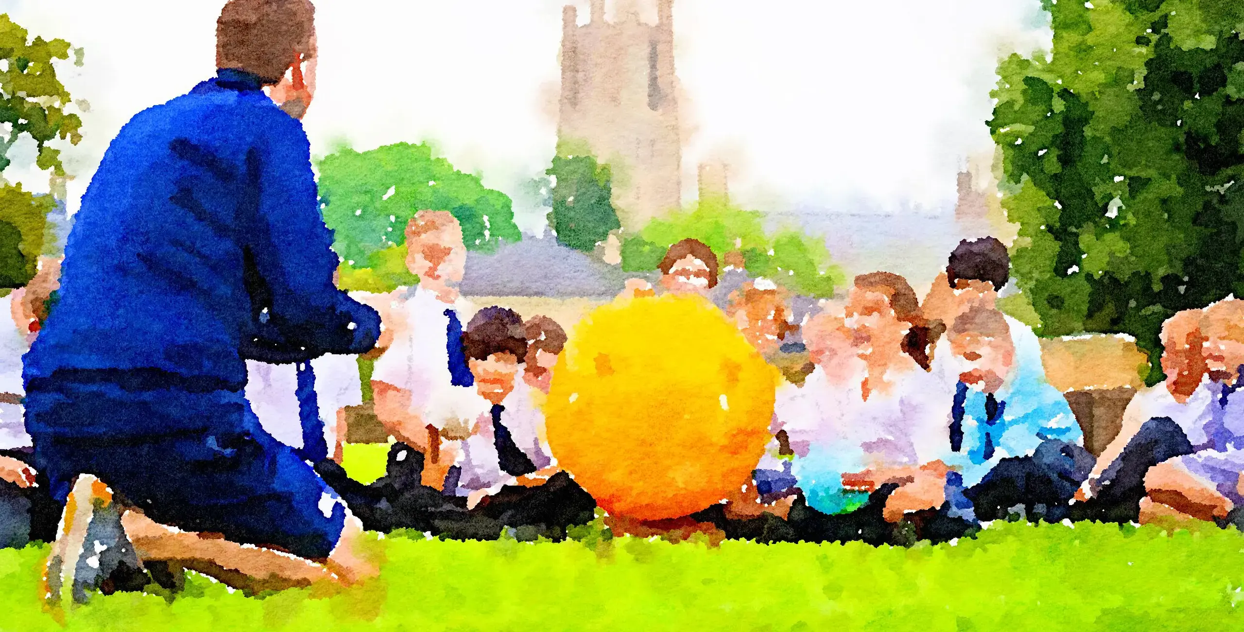 Watercolor of King’s Ely Prep School students being taught Science outside 