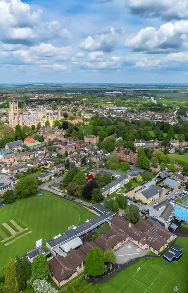 Ariel shot of King's Ely campus, a private school with boarding faculties in Ely, Cambridgeshire