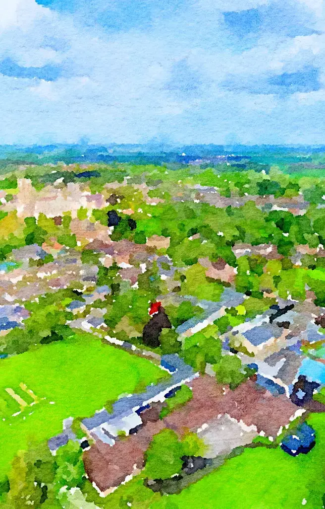 Watercolor of Ariel shot of King's Ely campus, a private school with boarding faculties in Ely, Cambridgeshire