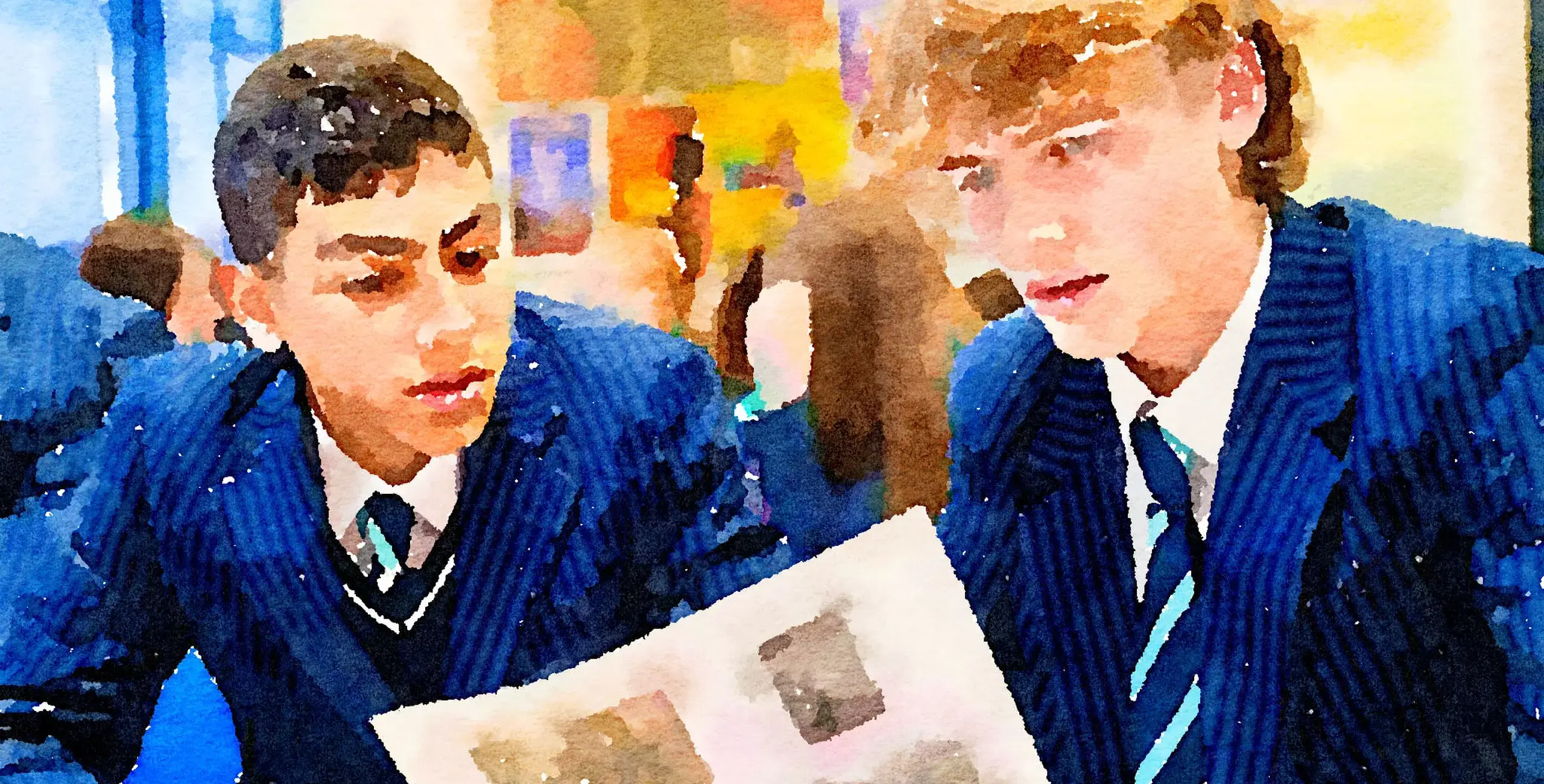 Watercolor of two Senior students working together in class at King's Ely, a private school in Cambridge