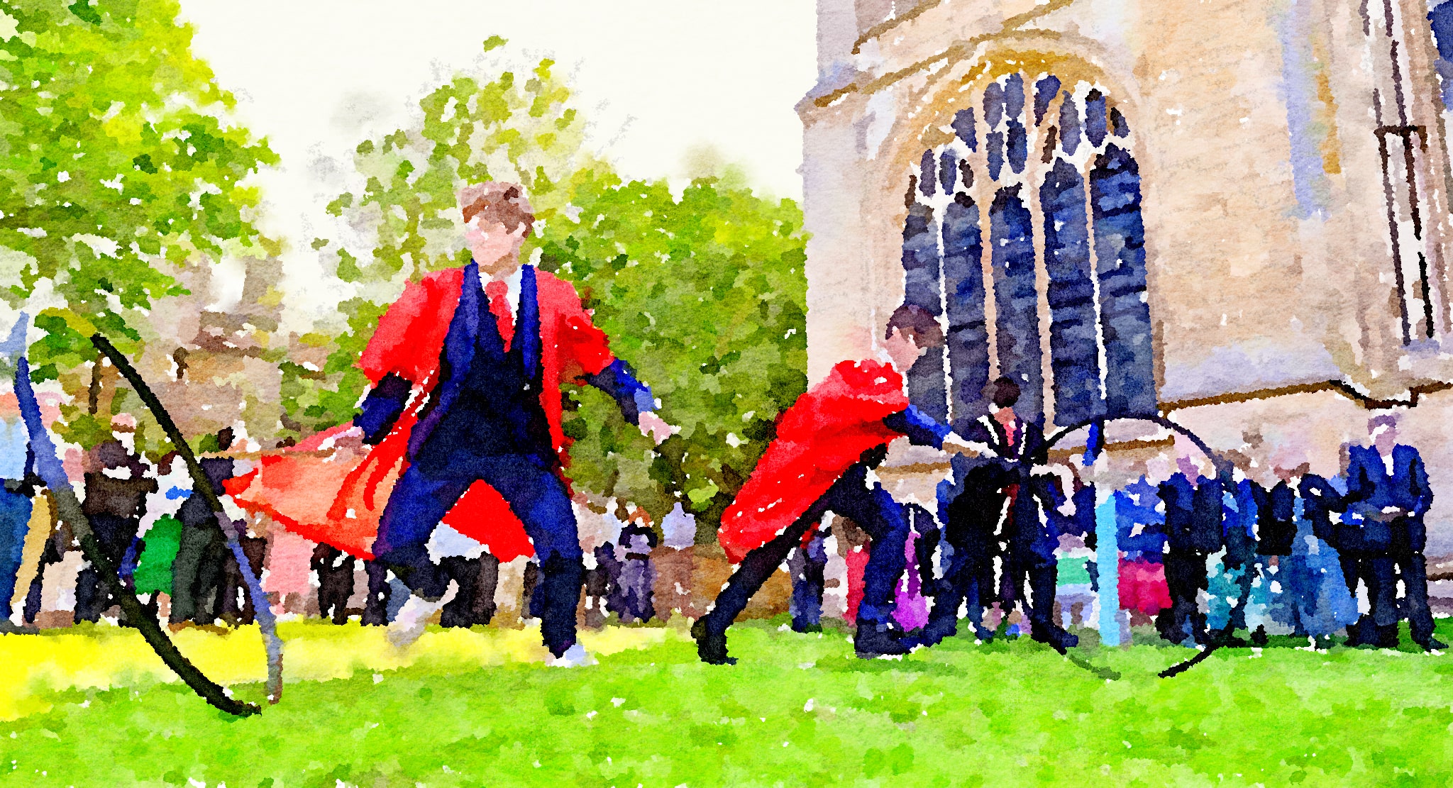 King's Ely Sixth Form Pupils doing the hoop trundle outside Ely Cathedral